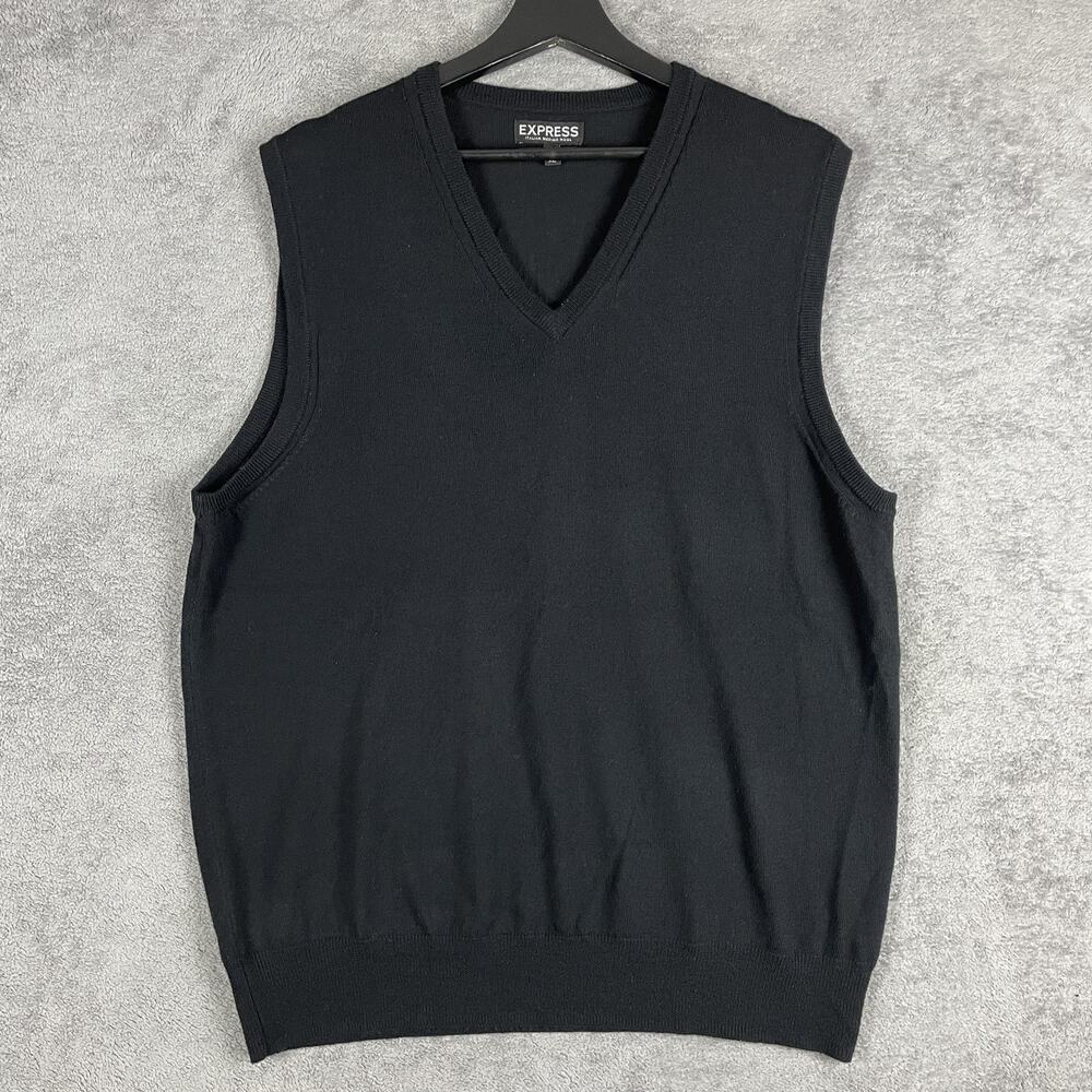 Express Sweater Vest Mens XL Black 100% Merino Wool V Neck Italian Knit Classic